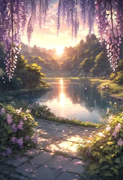 detailed background,( Calm spring night landscape), amongst lush greenery, beautiful view, Wisteria in full bloom, Wisteria, early morning, sunrise sky, beautiful clouds, dappled sunlight, outdoor seating, one lamp, Tranquil Lake, petals dancing in the wind, depth of field, masterpiece, best quality, ultra-detailed, very aesthetic, illustration, perfect composition, intricate details, absurdres, moody lighting, wisps of light, no humans,