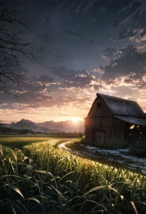 detailed background, (Calm spring night landscape), amongst lush greenery, beautiful view, corn farm, early morning, sunrise sky, beautiful clouds, dappled sunlight, outdoor seating, barn, Snow-capped mountains, white clouds, depth of field, masterpiece, best quality, ultra-detailed, very aesthetic, illustration, perfect composition, intricate details, absurdres, moody lighting, wisps of light, no humans, RAW Photography, lens flare, low wide angle,, (sharpness in detail:1.1), Canon EOS 5D Mark IV, masterpiece, (iconic photograph:1.4), (visual storytelling:1.2), film grain, award winning