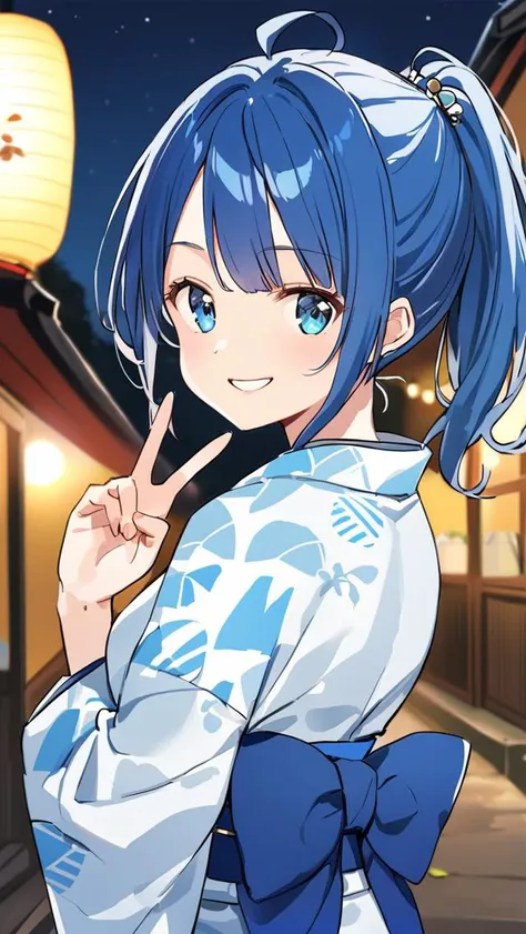 simple_style,animate_source,score_9,score_8_up,score_7_up,<lora:XL-AnnaYanami:1>,anna_yanami,1girl,solo,blue eyes,bow,full upper body,blue hair,ahoge,bangs,ponytail hair,long_blue_Japan_yukata,night,outdoors,presenting,looking at viewer,from_back,double_v,smirk,