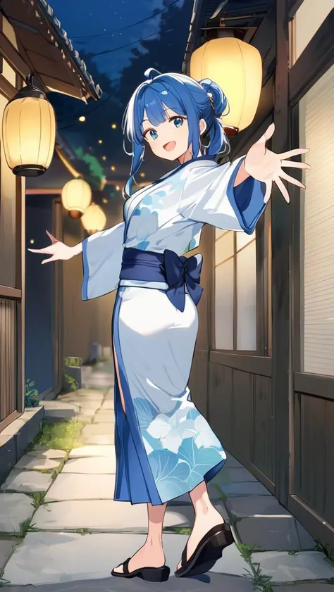 simple_style,animate_source,score_9,score_8_up,score_7_up,<lora:XL-AnnaYanami:1>,anna_yanami,1girl,solo,blue eyes,bow,full body,blue hair,ahoge,bangs,ponytail hair,long_blue_Japan_yukata,night,outdoors,presenting,looking at viewer,from_back,:d,outstretched_arm,