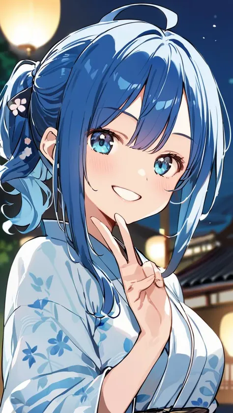 simple_style,animate_source,score_9,score_8_up,score_7_up,<lora:XL-AnnaYanami:1>,anna_yanami,1girl,solo,blue eyes,bow,full upper body,blue hair,ahoge,bangs,ponytail hair,long_blue_Japan_yukata,night,outdoors,presenting,looking at viewer,double_v,smirk,closing eyes