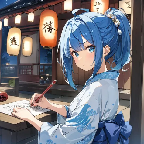 master_piece,score_9,score_8_up,score_7_up,source_anime,solo,1 gril,<lora:XL-AnnaYanami:1>,anna_yanami,blue hair,medium hair,ponytail hair,ahoge,blue eyes,blue Japan_yukata,night,outdoors,shrine,writing ema,looking at viewer,from side,sulking,furrowed_brow,angry,