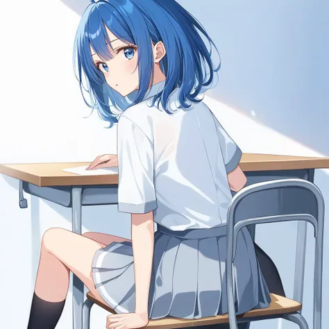 wide hips,(reflect, shadow, dispersion:0.8),score_9,score_8_up,score_7_up,source_anime,1girl,solo,<lora:XL-AnnaYanami:1>,anna_yanami,blue hair,medium hair,ahoge,blue eyes,school uniform,white shirt,short sleeves,bowties,grey skirt,pleated skirt,black socks,loafers,Decently sitting at chair,neat classroom,looking at viewer,from back,Sneak a peek,upper_body,