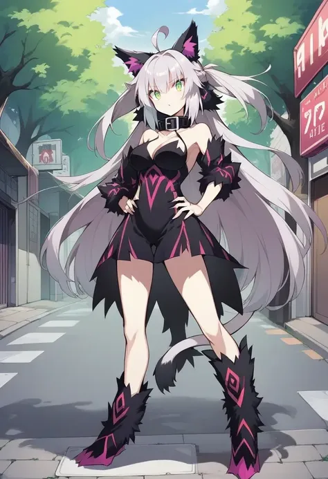 1girl, atalanta alter \(fate\), green eyes, cat ears, ahoge, grey hair