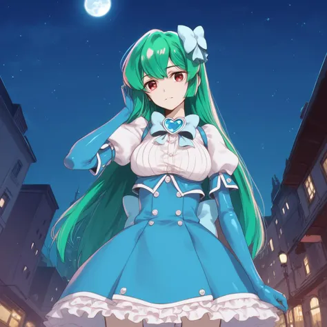 score_9, score_8_up, score_7_up, score_6_up,
<lora:Expressive_H:1.0>
1girl, <lora:brj-sayo-ponyXL-v1:1>,minakami sayo, (green hair), long hair, red eyes, skinny, slender body, tiny, large breasts, magia azul, hair bow,
magical girl outfit, elbow gloves, thigh boots,
outdoors, night, night sky, moon, city, 
standing, upper body, contrapposto, looking at viewer, head tilt, 
hand in own hair, 
dutch angle, 
masterpiece, best quality,