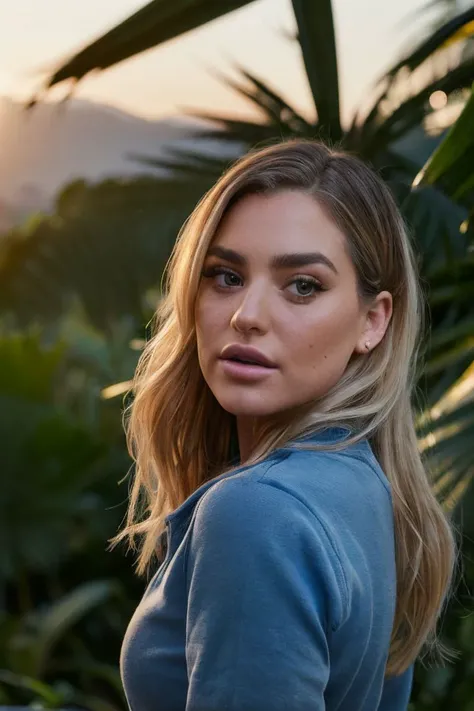 portrait of S011_BlakeBlossom_v2,a gorgeous woman,in a (jungle:1.1),wearing a (blue-sweatshirt:1.1),(sunset),(8k, RAW photo, best quality, depth of field, ultra high res:1.2),(absurdres, intricate, photorealistic, masterpiece, ultra-detailed:1.3),