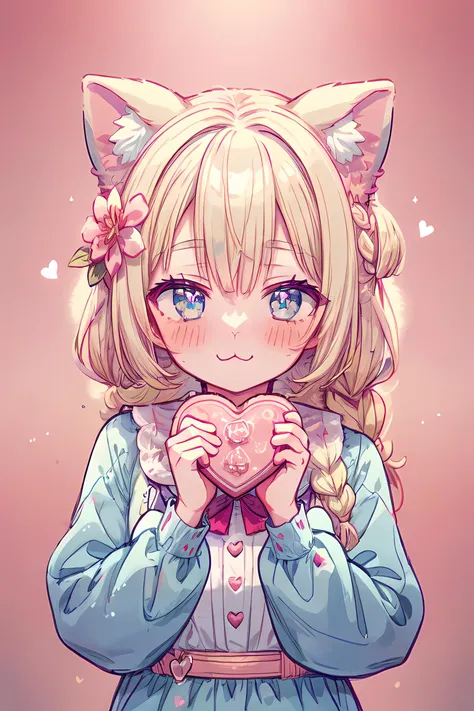 <lora:niji-kawayi:1>, 1girl, blush, heart-shaped pupils, holding heart-shaped chocolate, blue eyes, blonde hair, pink background, heart ornament, <lora:uwu:1>, ;3, uwu, catmouth, cat ears fluff, long hair, hair flower, braid, <lora:add_detail:0.85>, light particles, soft light, volumetric light, intricate details, finely detailed