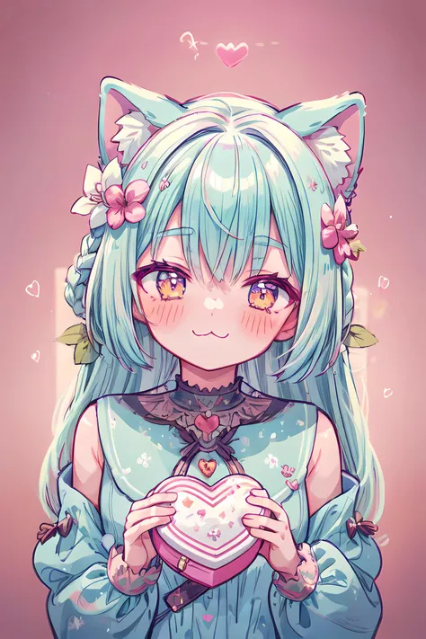 <lora:niji-kawayi:1>, 1girl, blush, heart-shaped pupils, holding heart-shaped chocolate, brown eyes, white hair, light smile, pink background, heart ornament, <lora:uwu:1.2>, ;3, uwu, catmouth, cat ears fluff, long hair, hair flower, braid, <lora:add_detail:0.85>, light particles, soft light, volumetric light, intricate details, finely detailed