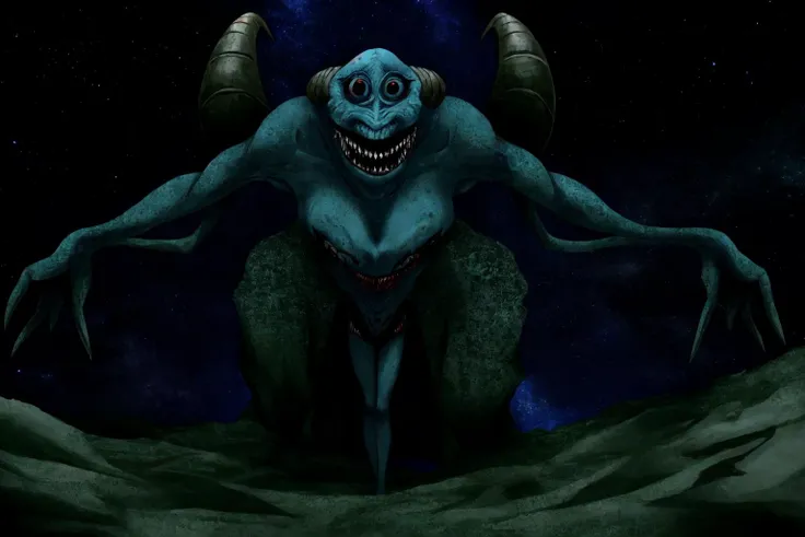 (bad quality:1.7, bad anatomy:1.4), 3 arms, floating head, space, blue skin, 4 eyes, creepy smile, (terrifying), black sclera, 90's, horns, alien, horror, lovecraftian horror, non-Euclidean, large smile, creepy, huge body, bad proportion, 7 arms, far shot, bad artwork multiples arms, 1girl, multiple heads, three eyes, bad anatomy, space, stars, pimples, tattoos, monster, demon, horror, terrifying, shark teeth, simian, (worst quality:1.2), inverted colors, demon, black robe, ripped clothes