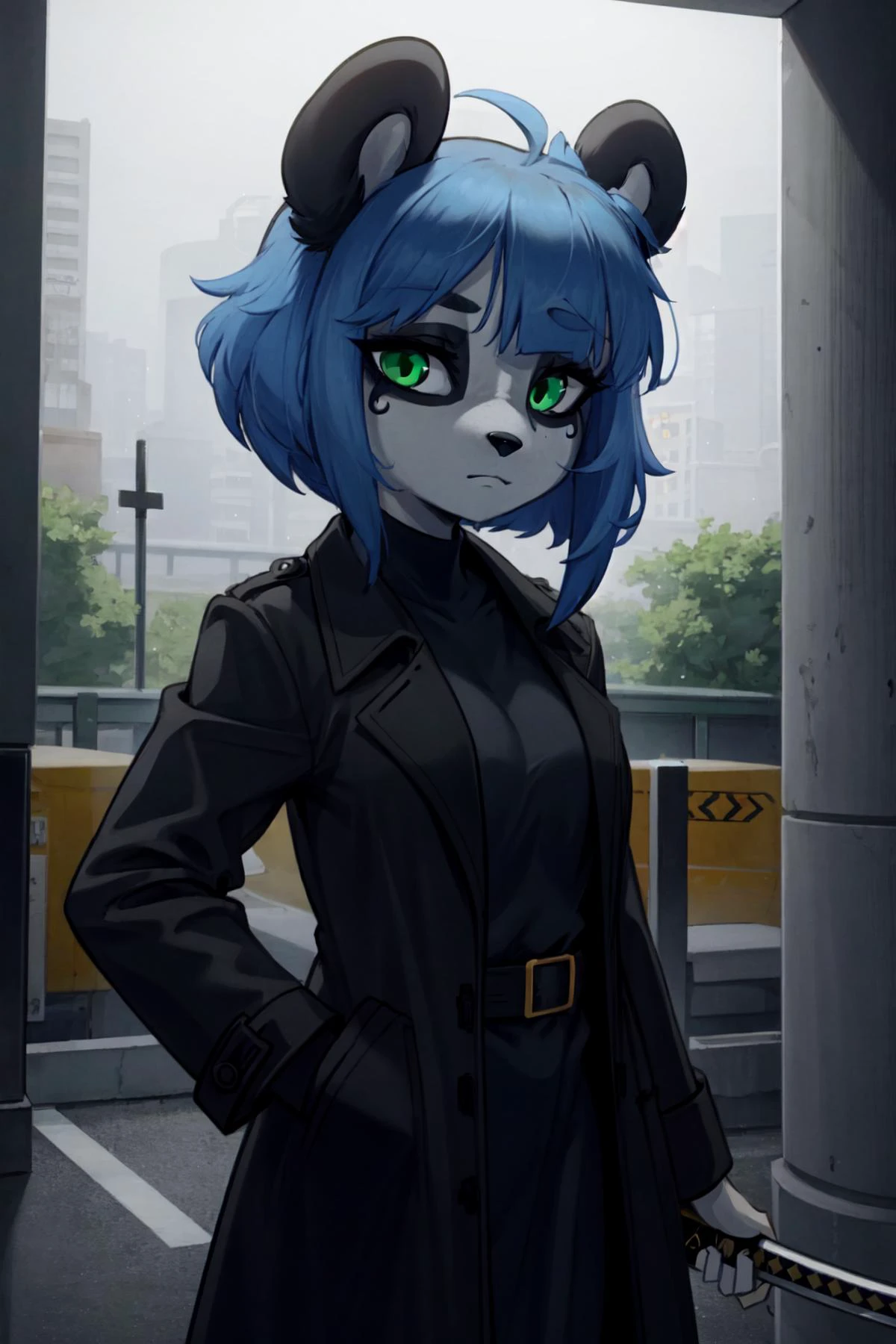 furry, (black and white fur), 1girl, animal nose, gold hearts, eye makeup, Nuwa Nightstone, green eyes, blue hair, (panda girl), panda ears, panda tail, <lora:NuwaProto2:1>, expressionless, black trench coat, holding katana, indoors, dark, parking garage, pillar