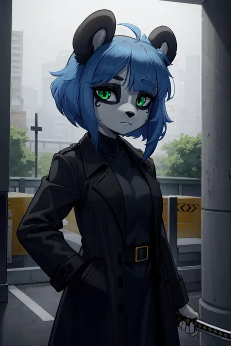 furry, (black and white fur), 1girl, animal nose, gold hearts, eye makeup, Nuwa Nightstone, green eyes, blue hair, (panda girl), panda ears, panda tail,  <lora:NuwaProto2:1>, expressionless, black trench coat, holding katana, indoors, dark, parking garage, pillar