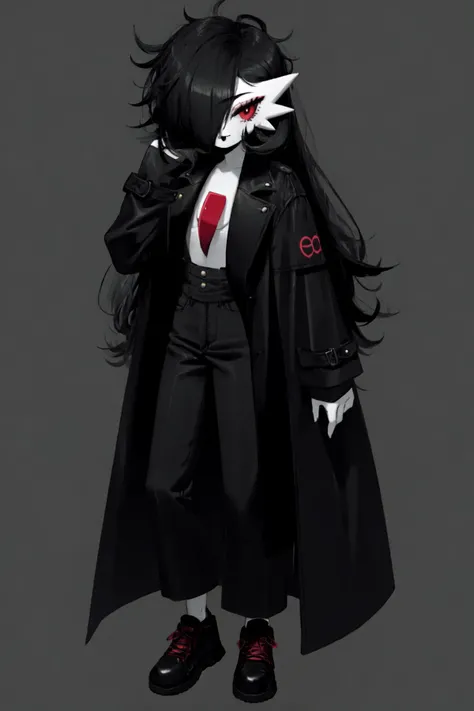 <lora:gardevoir_V2:0.9> gardevoir, creatures \(company\), game freak, nintendo, pokemon, pokemon \(game\), bangs, colored skin, female focus, flat chest, gen 3 pokemon, black hair, black skin, hair over one eye, multicolored skin, pokemon \(creature\), red eyes, (long hair), ((messy hair)), two-tone skin, white skin, black coat, long coat, mature woman, eyeliner, thick eyelashes, black lipstick, simple background, black pants, black shoes, dark background, goth