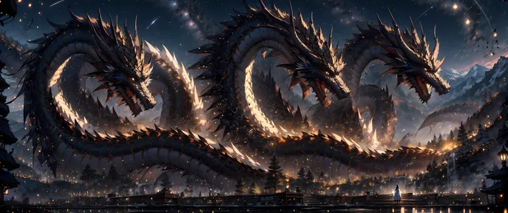 chinese landscape, mountains, (night:1.2), stars, looking at viewer, lunar new year, <lora:Chinese dragon:1>, (masterpiece:1.2),best quality,PIXIV,Chinese dragon, 1dragon, <lora:add_detail:0.85>, light particles, soft light, volumetric light, intricate details, finely detailed