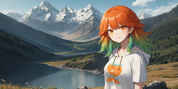 takanashi kiara, gradient hair, orange hair, green hair, colored inner hair, orange eyes, outdoors, mountains, t-shirt, sunny, scenery, upper body, smile, hoodie