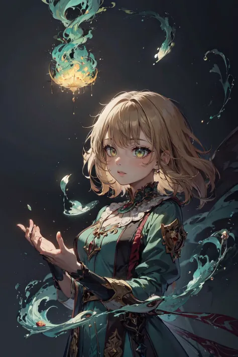 ,
1 girl, adult woman, ruby eyes, yellow medium hair,
(style-swirlmagic:0.8), portrait, looking up, solo, upper body, detailed background, (tropical jungle theme:1.1), glowing eyes, wise spellcaster, dark green clothes, focusing, casting spell, (full body:1.1), (hovering :1.2), (levitating:1.2), (light green fire), magic living ice, floating particles, grim dark realistic lighting, burst of magical energy in background,