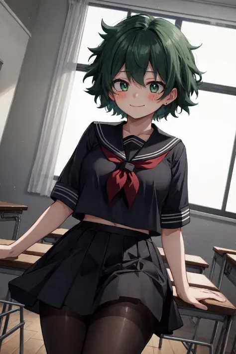 <lora:mha_midoriya:1>, midoriya izuku, short green hair, green eyes, (1girl, genderswap \(mtf\)), medium breasts, blushing, looking at viewer, gray serafuku, skirt, pantyhose, smile, closed mouth, looking away, classroom, fluffy hair, medium hair, standing, dutch angle, tables, chairs