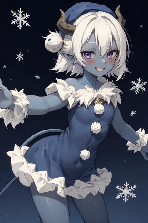 1girl, masterpiece, best quality, ((blue skin)), solo, white hair, tail, (horns), pointy ear, purple eyes, blue santa hat, blue santa costume, blue background, two-tone background, smile, outstretched arms, snowflakes, blushing <lora:wakfu-osa:0.9>