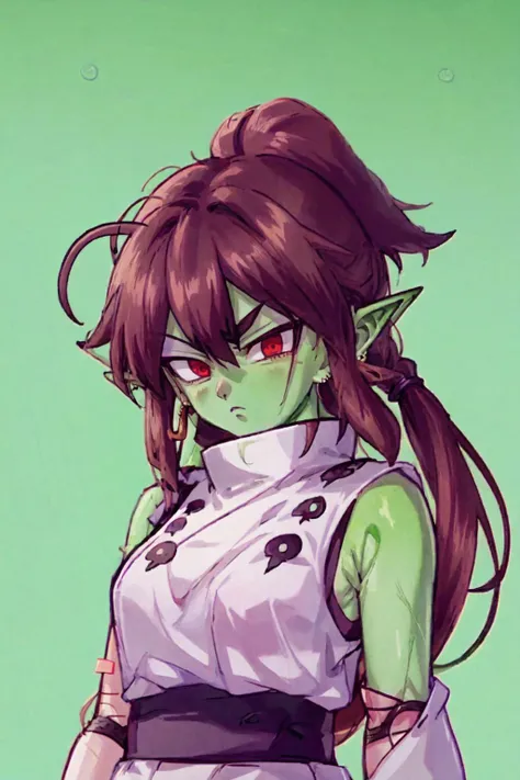<lora:Indra_Ôtsutsuki__Character_LoRA_Naruto:0.9>, Indra, masterpiece, (dark green skin:1.3), best quality, 1girl, brown hair, long ponytail, red eyes, white outfit, high collar, (off shoulder), buddhist, monk outfit, breasts, ((pointy ears)), (no eyebrows), simple background, upper body, angry, (earrings, round earrings), ((antennae)), piccolo, piccolo daimaou, <lora:coloredSkin-08:1>, ((snail girl)), <lora:piccolo_v1_4_15ep-000015:0.7> piccolo, oni horns, (pink patches), ((sleeveless)),