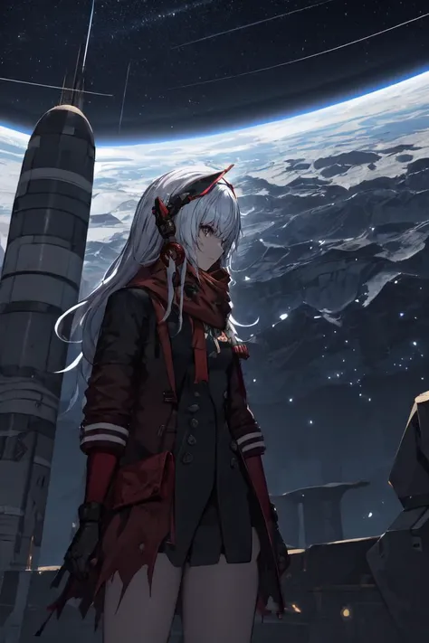white hair, long hair, headgear, hair ornament, facial mark, heterohromia, red eyes, grey eyes, red scarf, machanical arms, red jacket, open jacket, dog tags, center opening, black dress, red pouch, torn clothes
BREAK cowboy shot, cold lighting, reflection, ray tracing, caustics
BREAK cafe, (space station, space:1.2), stars, window, metal railings, heads-up display
<lora:alpha-21:1> <lora:tk31:1>