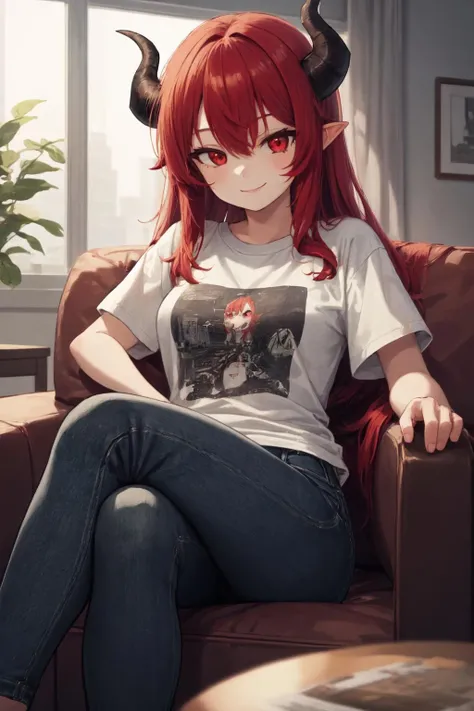 1girl, red hair, red eyes, smile, pov, sitting, couch, horns, jeans, t-shirt, crossed legs,