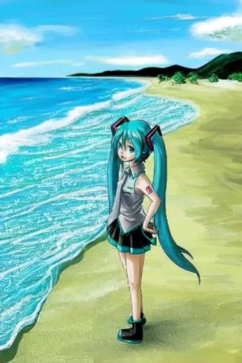 low quality, lowres, bad anatomy, worst quality, hatsune miku, blue hair, scenery, beach