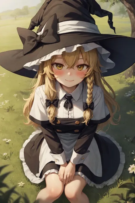 kirisame marisa, blush, single braid, outdoors, sitting, smile, looking up, grass, pov, depth of field, witch hat