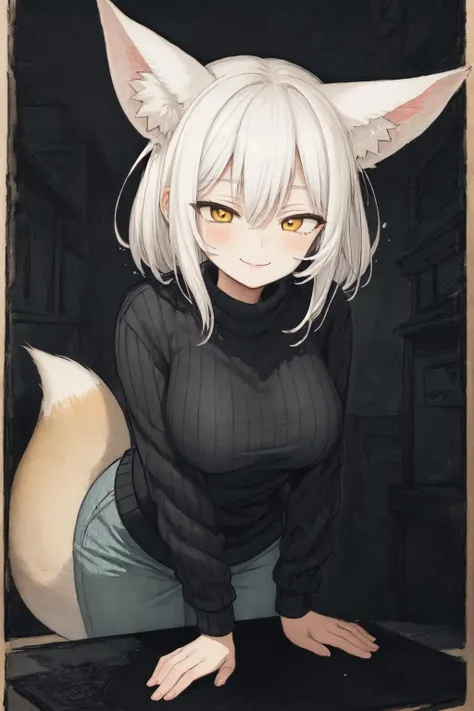 1girl, (aquatint:1.3), fennec fox, large ears, animal ear fluff, large ears, white hair, jitome, leaning forward, (close-up:0.6), smile, naughty face, black sweater