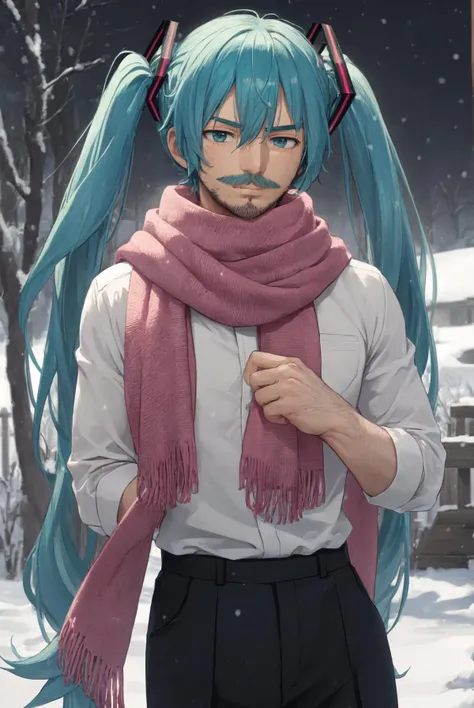 hatsune miku, twintails, (manly:1.2), square jaw, (stubble:1.2), outdoors, snow, pink scarf, white shirt, facial hair, mustache,