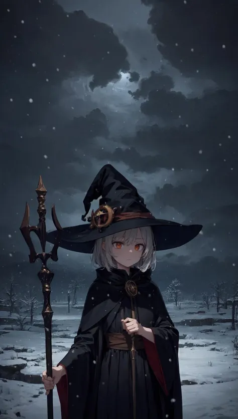 masterpiece, best quality, 1girl, black mage, witch hat, black robe, holding staff, crystal staff, darkness, night, dark background, ice, snow, (snowing:1.2), blizzard, storm, cloudy sky, dark cloud