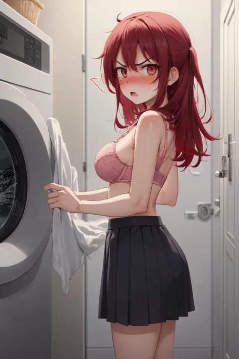 1girl, red hair, pink bra, full-face blush, angry, changing, indoors, anger vein, skirt, bathroom, washing machine,  (from side:0.7), surprised, looking at viewer,