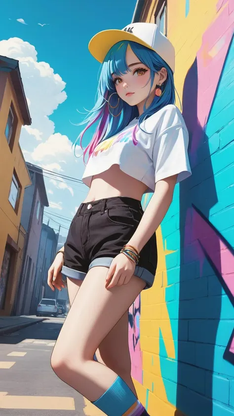 (official art, unity 8k wallpaper, ultra detailed, High quality, best quality), extremely detailed illustrition, (graffiti art), street style fashion, (Poladroid:0.8), cinematic angle, oblique sideways, (round image:1.1), [(pale yellow background:1.5): :5]//, rich colorful, (chromatic aberration), alternate color,\n(1girl:1.2), long messy hair, [pink light:2 | blue:1] hair, white fashion hat, midriff, balck hot pants, loose socks, earrings, full body,\n(colorful clouds:1.2), beautiful sky, detailed backgrounds, (colorful backgrounds:1.3)