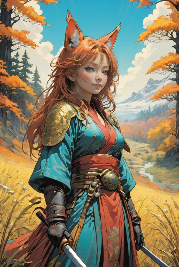 Hana No Ken, a female kitsune samurai is standing on a meadow on a sunny day. Some birds are around as well as some butterflies. Her red and golden hair shimmers in the light as is her crimson armor. Her green eyes are looking into the distance. A katana at her belt. She smiles. Some trees can be seen in the distance. Rays of light coverig the area. A nice autumn day. dynamic pose, head toward the camera, (cinematic lighting, volumetric), looking at viewer, facing viewer, trending on artstation, (masterpiece:1.1, best quality, highres, 8K, high resolution:1.2), comprehensive cinematic, precise lineart, extremely detailed, realistic, intricate details, full body:1.2, fantasy, futuristic, dramatic-light, detailed shadow, hyperrealistic, centered, intricate, vibrant, perfect-picture, 3d, shiny skin, volumetric, ray tracing, art by Alphonse Mucha, Juan Giménez, Drew Struzan, Bernie Wrightson, <lora:(Stoke) Pastel Punk XL v1.0:0.8>