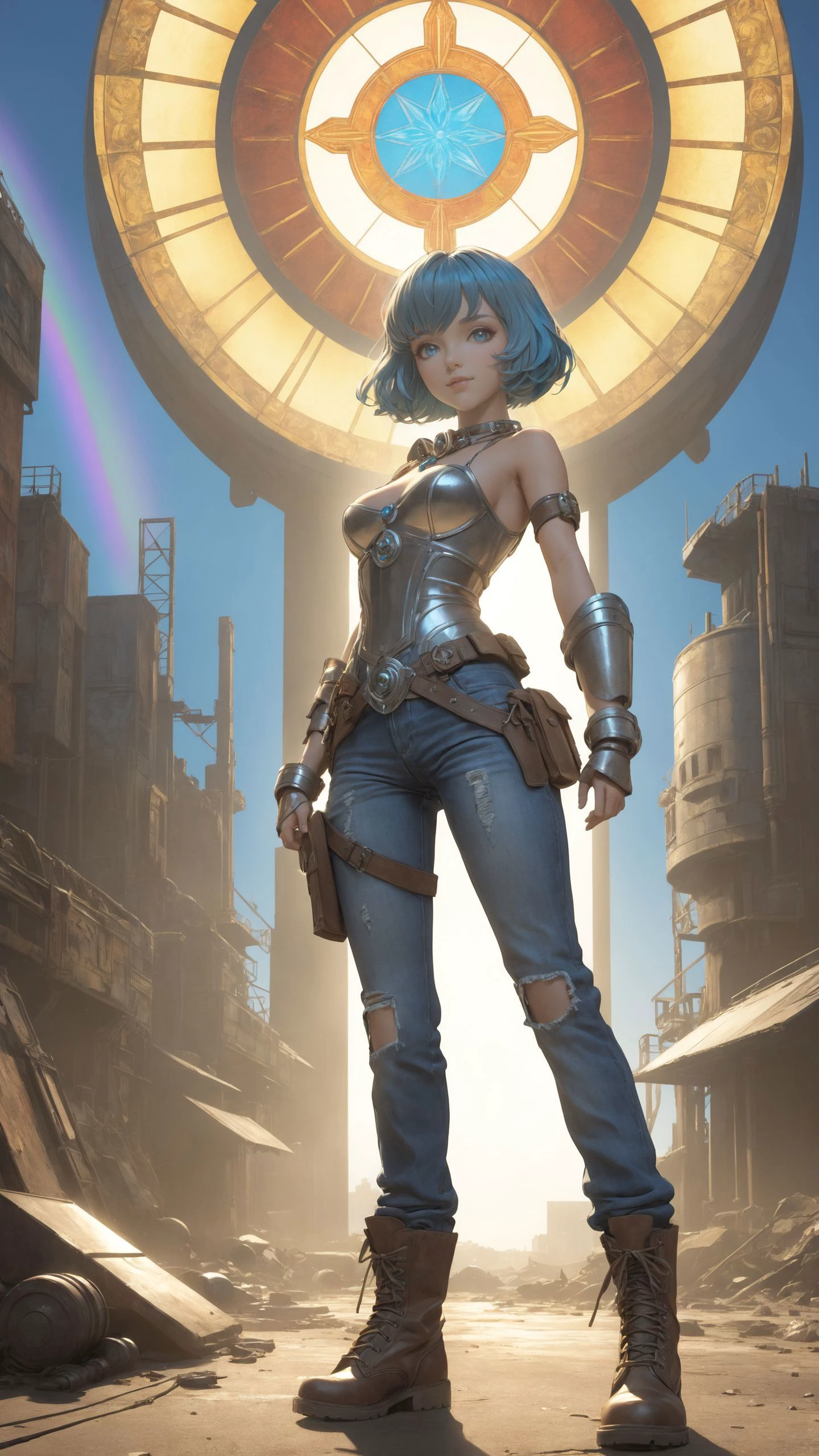 PI, the sassy witty breathtaking beautiful hardcore girl, (bright blue eyes), rainbow-colored Bob with Bangs Hairstyle, a grin on her face, torn jeans, combat boots,  Anthrax  shirt, Ankh necklace, around 20 years old, medium breasts,  (battle-worn combat armor:1.2), raised fists, fighting stance:1.2, battle-ready, Fallout, full body, post-apocalyptic wastelands, wind, dramatic-light, best quality, high resolution, masterpiece, cinematic-lighting, detailed shadow, ultra high detailed, hyperrealistic, anime, futuristic, centered, intricate, vibrant, comprehensive cinematic, precise lineart , perfect-picture,  3d, shiny skin,  (cinematic lighting, sunlight, volumetric) film grain, art by alphonse mucha, Juan Gimnez