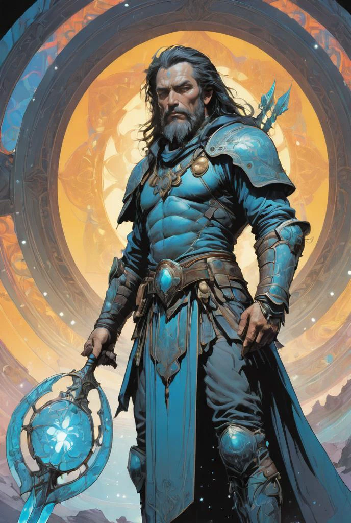 Ahijo Iyashan, a male human warriormage, wear (dark::1.2 armor covered with mystical glowing symbols), long black hair, beard, blue eyes, one arm raised to cast a spell, hands glowing, dynamic pose, head toward the camera, (cinematic lighting, volumetric), looking at viewer, facing viewer, trending on artstation, (masterpiece:1.1, best quality, highres, 8K, high resolution:1.2), comprehensive cinematic, precise lineart, extremely detailed, realistic, intricate details, full body:1.2, fantasy, futuristic, dramatic-light, detailed shadow, hyperrealistic, centered, intricate, vibrant, perfect-picture, 3d, shiny skin, volumetric, ray tracing, art by Alphonse Mucha, Juan Giménez, Drew Struzan, Bernie Wrightson, <lora:(Stoke) Pastel Punk XL v1.0:0.8>