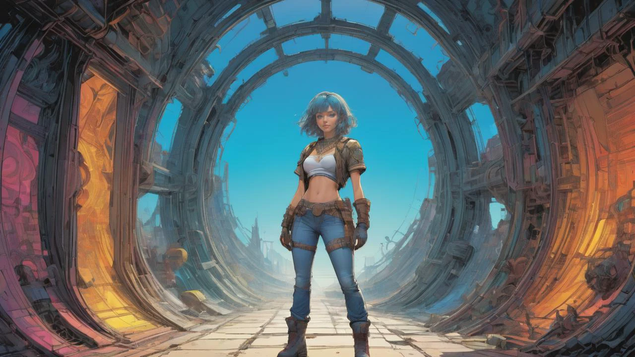 PI, the sassy witty breathtaking beautiful hardcore girl, (bright blue eyes), rainbow-colored Bob with Bangs Hairstyle, a grin on her face, torn jeans, combat boots, âAnthraxâ shirt, Ankh necklace, around 20 years old, medium breasts, (battle-worn combat armor:1.2), raised fists, fighting stance:1.2, battle-ready, Fallout, full body, post-apocalyptic wastelands, wind, dynamic pose, head toward the camera, (cinematic lighting, volumetric), looking at viewer, facing viewer, trending on artstation, (masterpiece:1.1, best quality, highres, 8K, high resolution:1.2), comprehensive cinematic, precise lineart, extremely detailed, realistic, intricate details, full body:1.2, futuristic, dramatic-light, detailed shadow, hyperrealistic, centered, intricate, vibrant, perfect-picture, 3d, shiny skin, volumetric, ray tracing, art by Alphonse Mucha, Juan Giménez, Drew Struzan, Bernie Wrightson <lora:(Stoke) Pastel Punk XL v1.0:0.8>