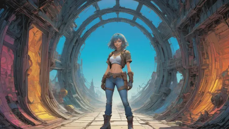 PI, the sassy witty breathtaking beautiful hardcore girl, (bright blue eyes), rainbow-colored Bob with Bangs Hairstyle, a grin on her face, torn jeans, combat boots, âAnthraxâ shirt, Ankh necklace, around 20 years old, medium breasts, (battle-worn combat armor:1.2), raised fists, fighting stance:1.2, battle-ready, Fallout, full body, post-apocalyptic wastelands, wind, dynamic pose, head toward the camera, (cinematic lighting, volumetric), looking at viewer, facing viewer, trending on artstation, (masterpiece:1.1, best quality, highres, 8K, high resolution:1.2), comprehensive cinematic, precise lineart, extremely detailed, realistic, intricate details, full body:1.2, futuristic, dramatic-light, detailed shadow, hyperrealistic, centered, intricate, vibrant, perfect-picture, 3d, shiny skin, volumetric, ray tracing, art by Alphonse Mucha, Juan Giménez, Drew Struzan, Bernie Wrightson <lora:(Stoke) Pastel Punk XL v1.0:0.8>