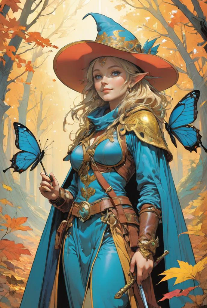 Aliki Sunan, a gorgous female elf bard and arcane duelist is walking an autumn forest. Butterflies flying around. A smile on her face. Below her hat her blond long hair dances in the wind and her blue eyes shine like stars. Her leather armor shows some golden arcane symbols and her colorful cape is hanging over her shoulder. Her rapier hanging at her belt. A flute in hand. Rays of light shining through the trees. She seems like nothing in the world could bother her. dynamic pose, head toward the camera, (cinematic lighting, volumetric), looking at viewer, facing viewer, trending on artstation, (masterpiece:1.1, best quality, highres, 8K, high resolution:1.2), comprehensive cinematic, precise lineart, extremely detailed, realistic, intricate details, full body:1.2, fantasy, futuristic, dramatic-light, detailed shadow, hyperrealistic, centered, intricate, vibrant, perfect-picture, 3d, shiny skin, volumetric, ray tracing, art by Alphonse Mucha, Juan Giménez, Drew Struzan, Bernie Wrightson, <lora:(Stoke) Pastel Punk XL v1.0:0.8>