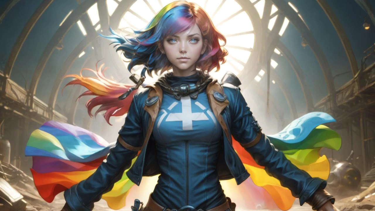 PI, the sassy witty breathtaking beautiful hardcore girl, (bright blue eyes), rainbow-colored Bob with Bangs Hairstyle, a grin on her face, torn jeans, combat boots, âAnthraxâ shirt, Ankh necklace, around 20 years old, medium breasts, (battle-worn combat armor:1.2), raised fists, fighting stance:1.2, battle-ready, Fallout, full body, post-apocalyptic wastelands, wind, dynamic pose, head toward the camera, (cinematic lighting, volumetric), looking at viewer, facing viewer, trending on artstation, (masterpiece:1.1, best quality, highres, 8K, high resolution:1.2), comprehensive cinematic, precise lineart, extremely detailed, realistic, intricate details, full body:1.2, fantasy, futuristic, dramatic-light, detailed shadow, hyperrealistic, centered, intricate, vibrant, perfect-picture, 3d, shiny skin, volumetric, ray tracing, art by Alphonse Mucha, Juan Giménez, Drew Struzan, Bernie Wrightson, <lora:ArtgermPony:1>