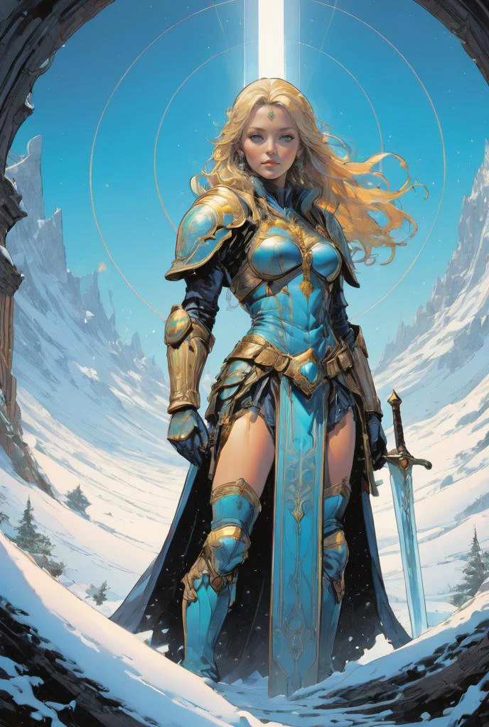 Alina Ushan, a female aasimar Paladin standing firm on the battlefield. Her ceremonial armor shining in the sun. Her huge:1.2 glowing flamesword planted into the ground. An aura of majesty surrounding her. Her blond hair shinng like gold and her blue eyes glowing like the stars. Mighty sword, great sword, dynamic pose, head toward the camera, (cinematic lighting, volumetric), looking at viewer, facing viewer, trending on artstation, (masterpiece:1.1, best quality, highres, 8K, high resolution:1.2), comprehensive cinematic, precise lineart, extremely detailed, realistic, intricate details, full body:1.2, fantasy, futuristic, dramatic-light, detailed shadow, hyperrealistic, centered, intricate, vibrant, perfect-picture, 3d, shiny skin, volumetric, ray tracing, art by Alphonse Mucha, Juan Giménez, Drew Struzan, Bernie Wrightson, <lora:(Stoke) Pastel Punk XL v1.0:0.8>