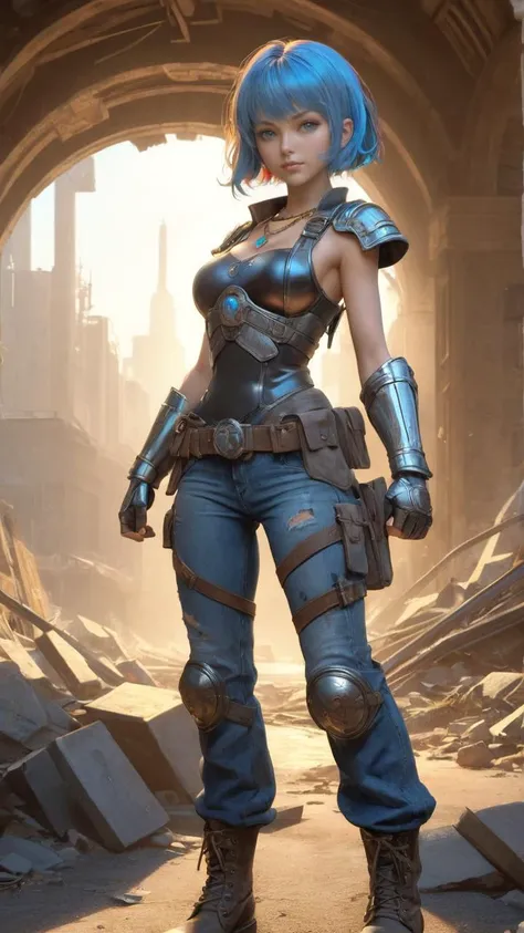 PI, the sassy witty breathtaking beautiful hardcore girl, (bright blue eyes), rainbow-colored Bob with Bangs Hairstyle, a grin on her face, torn jeans, combat boots, âAnthraxâ shirt, Ankh necklace, around 20 years old, medium breasts,  (battle-worn combat armor:1.2), raised fists, fighting stance:1.2, battle-ready, Fallout, full body, post-apocalyptic wastelands, wind, dynamic pose, head toward the camera, (cinematic lighting, volumetric), looking at viewer, facing viewer, trending on artstation, (masterpiece, best quality, hires, 8K, high resolution:1.2), comprehensive cinematic, precise lineart,  extremely detailed, realistic, intricate details, highres, full body:1.5, fantasy,  dramatic-light, detailed shadow, hyperrealistic, centered, intricate, vibrant, perfect-picture,  3d, shiny skin, volumetric , art by Alphonse Mucha, Juan GimÃ©nez, Drew Struzan, Bernie Wrightson