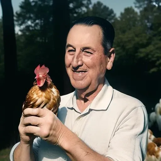 portrait of sks man with very short hair, holding a (chicken in arms:1.3), (outdoors:1.2), natural lighting, 4k, 8k, 8k realistic, sharp focus, intricate, high resolution, <lora:PERON:1>