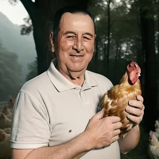 portrait of sks man with very short hair, holding a (chicken in arms:1.3), (outdoors:1.2), natural lighting, 4k, 8k, 8k realistic, sharp focus, intricate, high resolution, <lora:PERON:1>