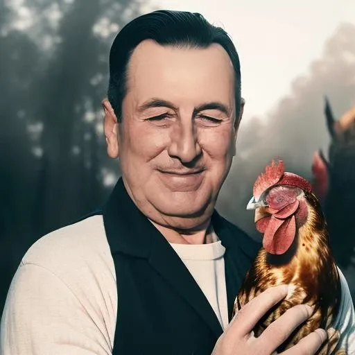portrait of sks man with very short hair, holding a (chicken in arms:1.3), (outdoors:1.2), natural lighting, 4k, 8k, 8k realistic, sharp focus, intricate, high resolution, <lora:PERON:1>