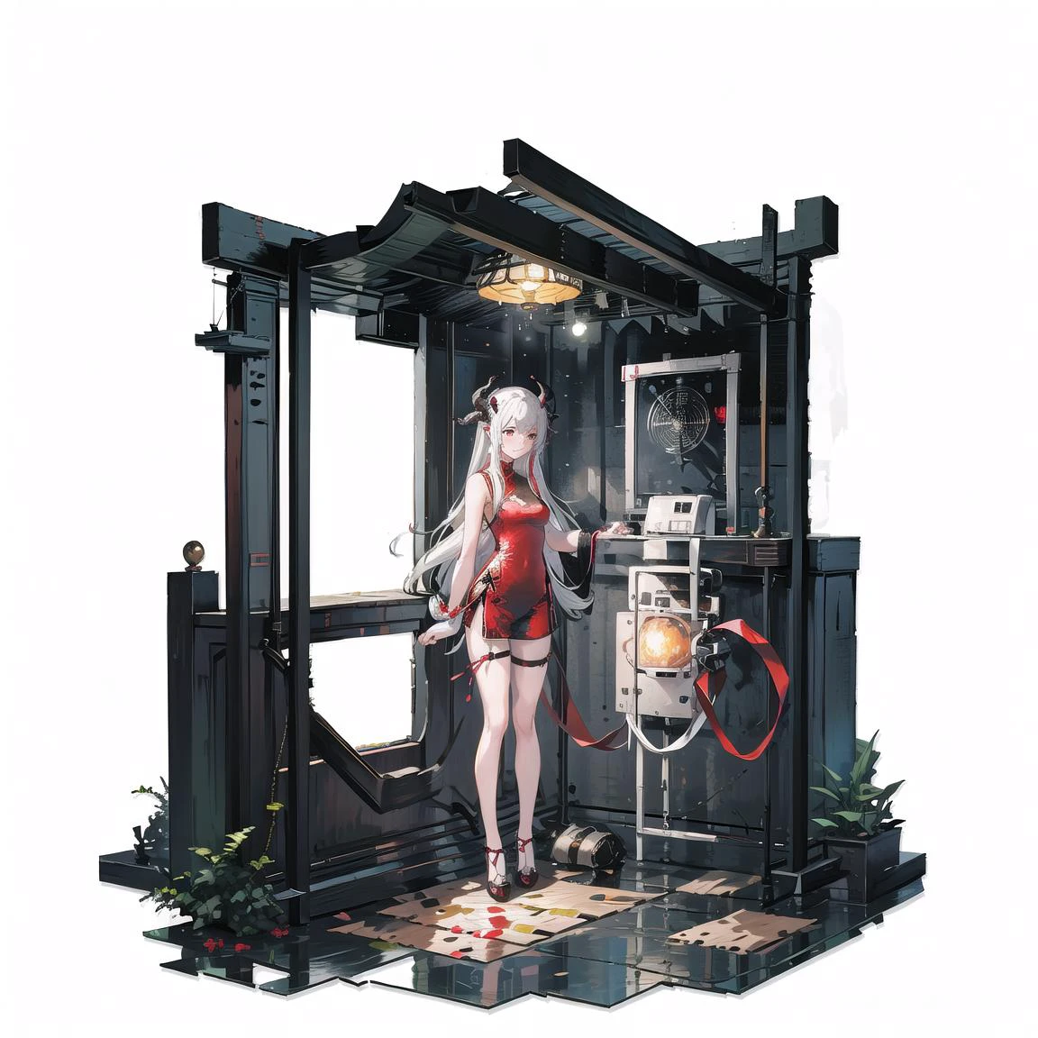 masterpiece,best quality, (white background:1.5) 1girl, far shot, full body, red dress, official alternate costume, sleeveless, horns, black shorts, chinese clothes, dragon, china dress, dragon horns, eastern dragon, bare shoulders, bare arms, sidelocks, short shorts, thigh strap, thighs, <lora:GachaGachaV1:0.6>, standing, clear face,