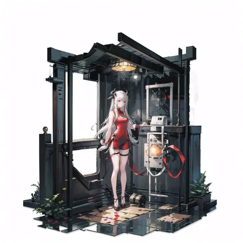 masterpiece,best quality, (white background:1.5) 1girl, far shot, full body, red dress, official alternate costume, sleeveless, horns, black shorts, chinese clothes, dragon, china dress, dragon horns, eastern dragon, bare shoulders, bare arms, sidelocks, short shorts, thigh strap, thighs, <lora:GachaGachaV1:0.6>, standing, clear face,