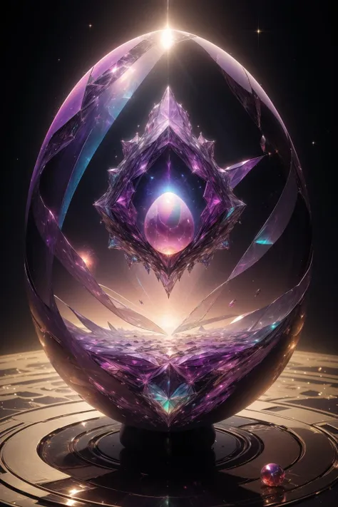 (masterpiece, top quality, best quality, official art, beautiful and aesthetic:1.2),(radial composition:1.2),(1 girl:1.2),upper body,a space witch wearing a transparent magic hood robe made of purple|pink crystal,abstrat solarsystem in background,crystalline planets,mirror azure floor reflection,(iridescent,vivid fancy neon color),symmetrical ballance,glowing rainbow color long hair,fantasy,ethereal,epic,(fractal),samo eggshell,<lora:samo eggshell-000006:0.8>,