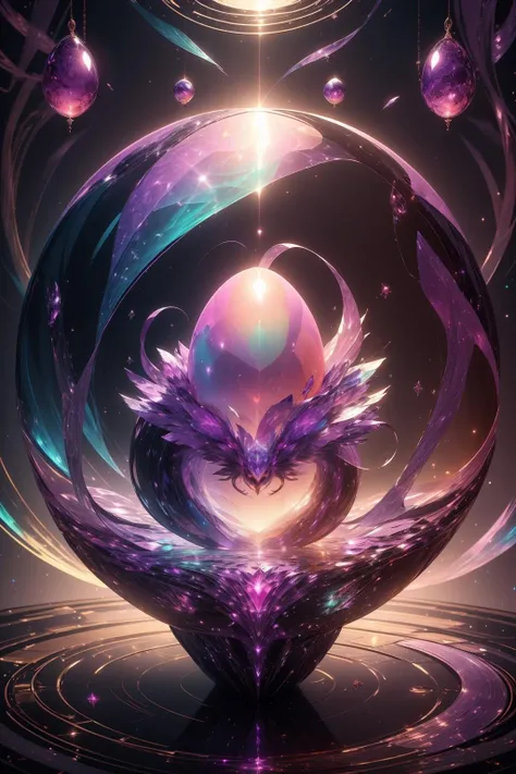 (masterpiece, top quality, best quality, official art, beautiful and aesthetic:1.2),(radial composition:1.2),(1 girl:1.2),upper body,a space witch wearing a transparent magic hood robe made of purple|pink crystal,abstrat solarsystem in background,crystalline planets,mirror azure floor reflection,(iridescent,vivid fancy neon color),symmetrical ballance,glowing rainbow color long hair,fantasy,ethereal,epic,(fractal),samo eggshell,<lora:samo eggshell-000006:0.8>,