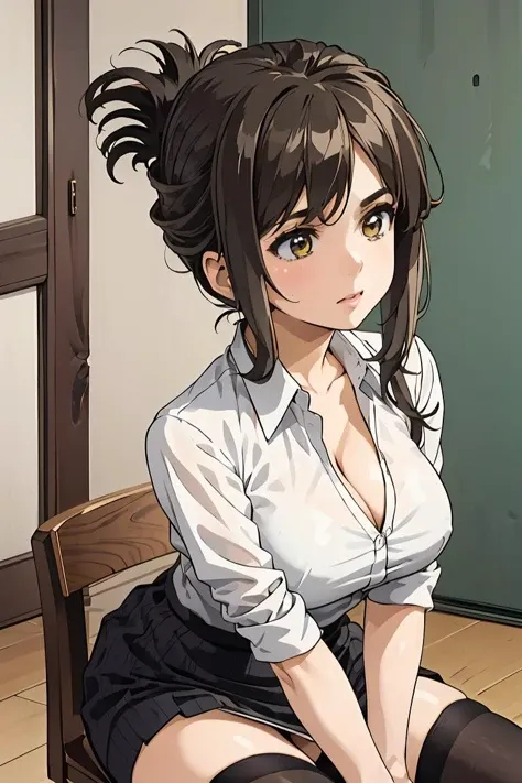 (masterpiece, best quality), 1girl, <lora:kojimakana-nvwls-v1:1> kojima kana, folded ponytail , white collared shirt, pencil skirt, black thighhighs, cleavage