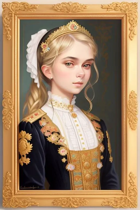 Russian, Girls Children , Portrait , Long blonde hair and bow,Layered skirt,Noble,opulent,cropped shoulders