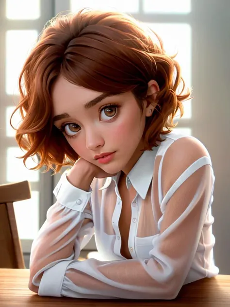 A beautiful 0l1v14c woman, 1girl,solo,looking at viewer,short hair,brown hair,long sleeves,brown eyes,lips,see-through,head rest,realistic,elbows on table,soft lighting, professional Photography, Photorealistic, detailed, RAW, analog, sharp focus, 8k, HD, high quality, masterpiece<lora:0l1v14c:1.0>